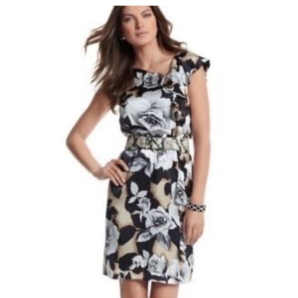 White House Black Market Ruffled Detail Roses Print Silk Dress